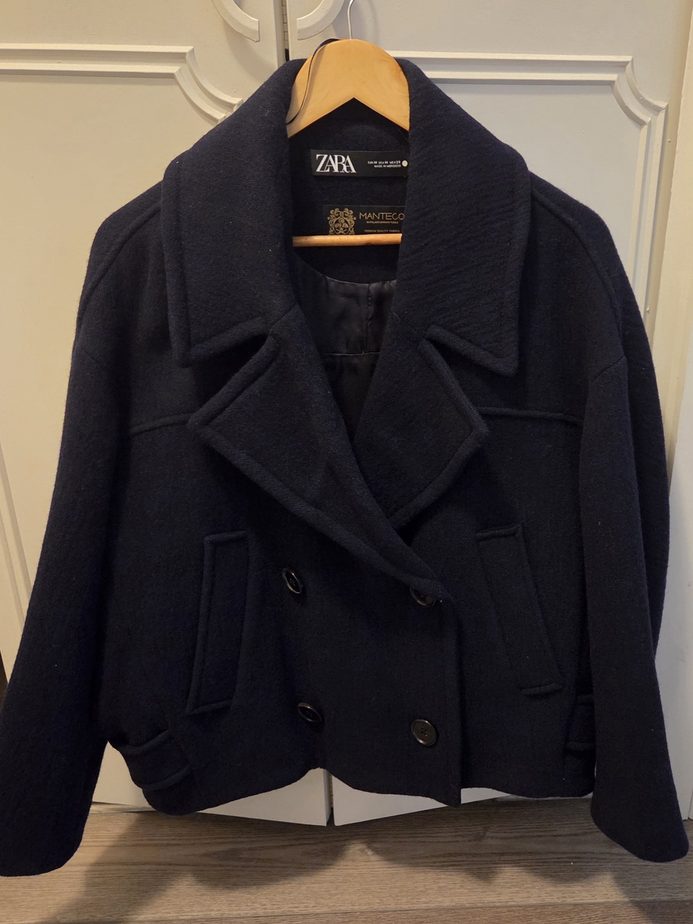Zara Navy Double-Breasted Wool Peacoat